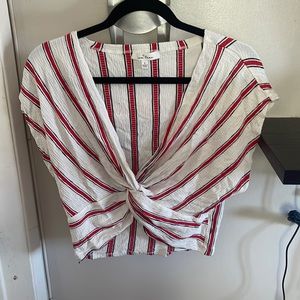 Cropped Striped- white red and black top. Size- L